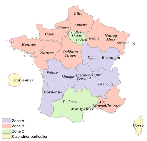 En combien de zones le calendrier scolaire répartit-il la France métropolitaine (hors Corse) ?